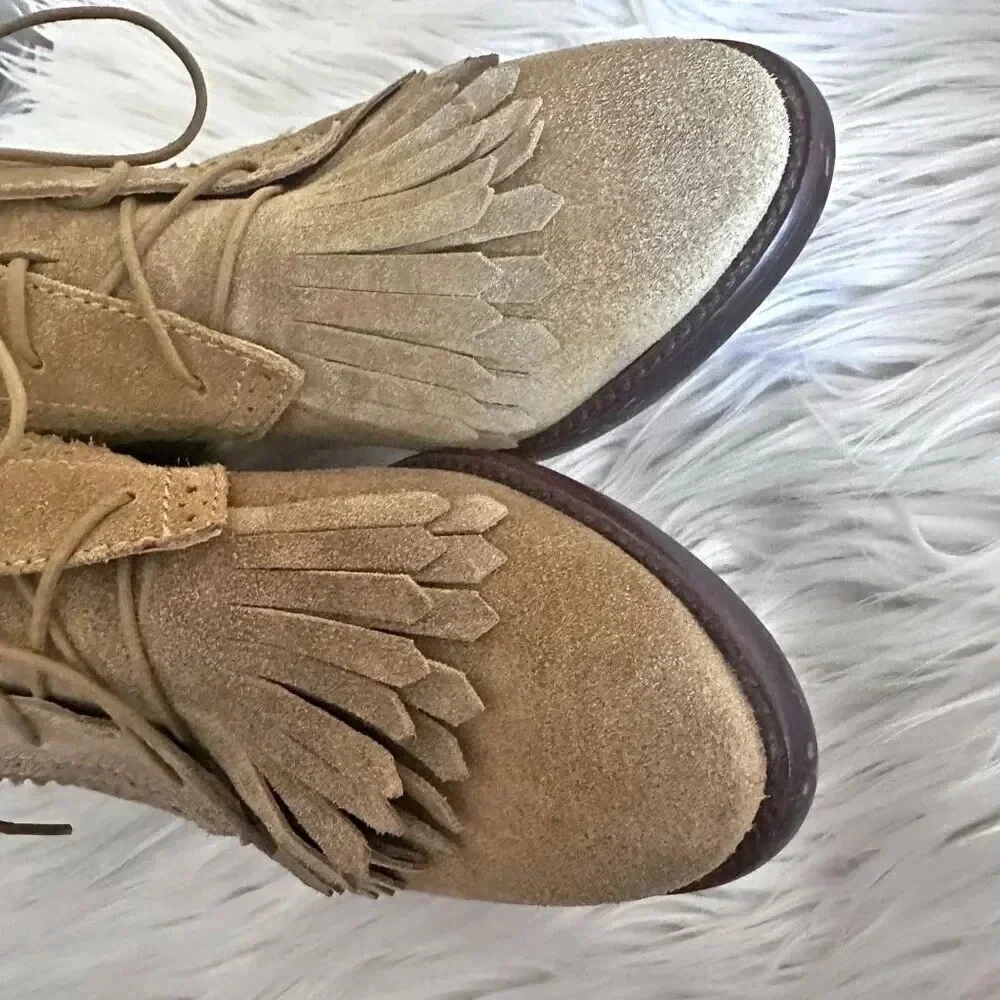 MADEWELL x 1937 | Suede Leather "Aberdeen" Tan Fringe Ankle Boots Booties | 9 - Picture 5 of 9